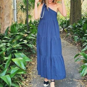 Madison Mathews size small Navy one shoulder tie maxi dress with white trim